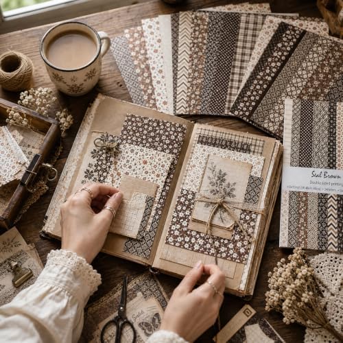 Seal Brown Double Sided Scrapbook Paper 12x12 Inch, 24 Sheets 24 Unique Rustic Patterns, 160gsm Acid Free Vintage Farmhouse Cardstock for Junk Journal, Cardmaking and DIY Crafts