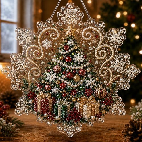LJSCQF Christmas Pearl Diamond Painting Suncatcher Kit, DIY Craft | Pre-Assembled Metal Chain, Acrylic Snowflake Shape Board with Lace Edge, 3D Mixed-Sized Pearl Beads Craft (Style A, 12IN)