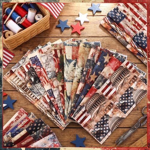 HunnmingRe 20 Pcs 10x10'' Vintage Patriotic Quilting Fabric Square Red White Blue Precut Fabric Bundle 4th of July USA Flag Star Patchwork Material for Memorial Day Sewing DIY Craft 250 Anniversary