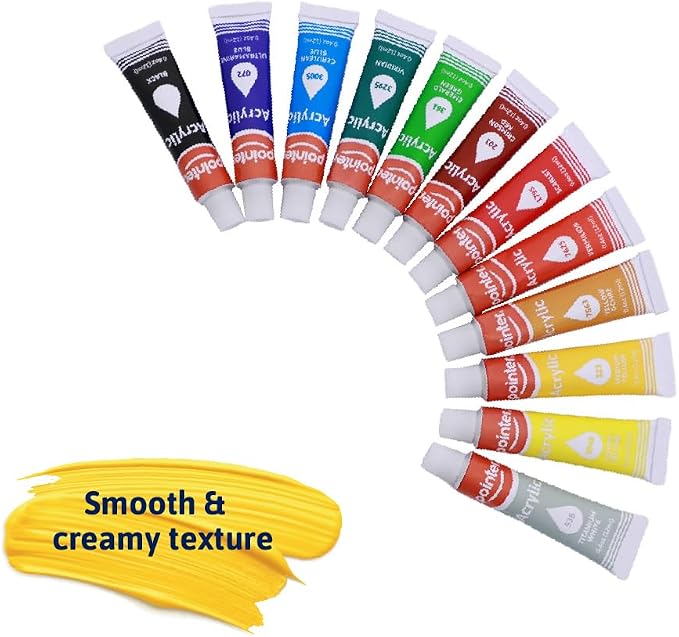 Pointer Art PRO Acrylic Paint Set – 12 Colors in 0.4oz (12ml) Tubes – Smooth & Creamy Texture – Ideal for Canvas, Paper, Cardboard, and Crafts