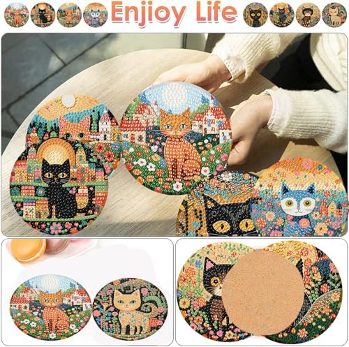 ijbnhd 8 PCS Diamond Art Coasters Kit Cat Diamond Painting Coasters