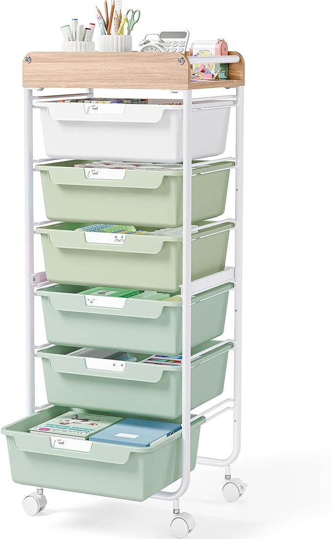 SYKIARIOL 6 Drawer Rolling Cart for Craft Storage,Utility Drawer Cart,Green | Organizer with Handle and Wooden Top,Storage on wheels for Office,Classroom,Laundry,Garage,Snack,Art Supply