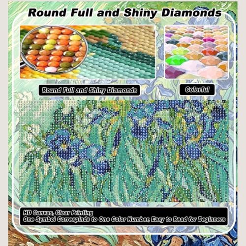 VeGuude Diamond Art Kits for Adults, Full Drill Van Gogh Irises Diamond Painting Kits for Beginners, DIY Full Rhinestone 5D Diamond dots (Gemstone Craft), Home Wall Decoration (12x16 inch)