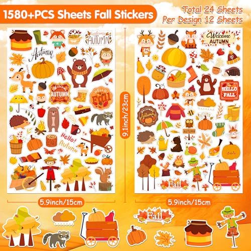 LINAYE Fall Stickers for Kids 24 Sheets 1580Pcs Autumn Leaves Stickers Bulk