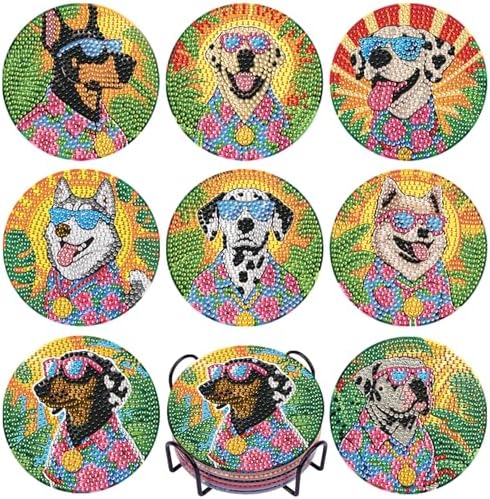 DOTSOPS 8 Pcs Dog Diamond Painting Coasters for Beginners with Holder 4 in