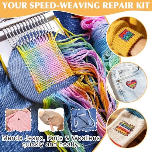 Meetory Knit Patch - Mushroom Mini Darning Loom, Knitpatch Kit with 14 Hooks Small Weaving Loom 14 Pcs Large Eye Needles 50 Color Threads for Handcraft DIY Weaving Repair Tool for Mending Jeans Socks