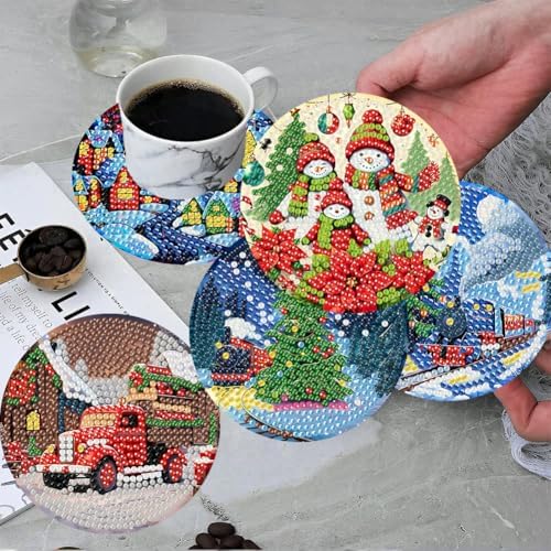 ijbnhd 8 PCS Christmas Diamond Art Coasters Kit Diamond Painting Coasters