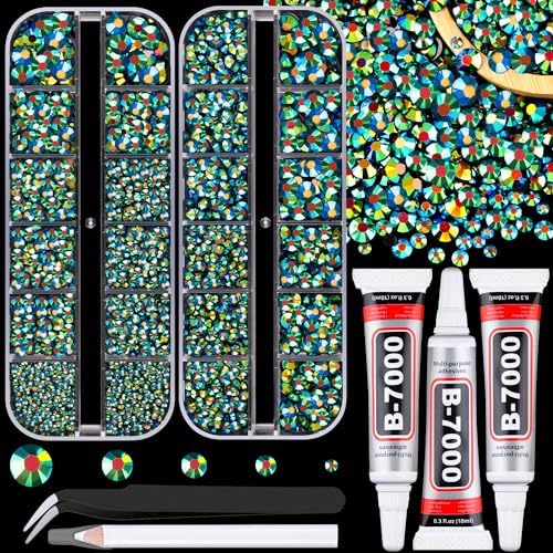 Resin Jelly Rhinestones for Crafting with B7000 Jewelry Glue, 2 Boxes Emerald Black AB Flatback Crystals with 3Pcs 10ml Glue, Bedazzling Non Hotfix Gems for DIY Tumblers Clothing Shoes Manicure