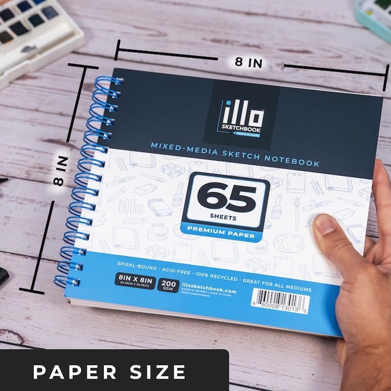 illo Sketchbook Mixed-Media 8’’ x 8’’ Spiral-Bound Sketch Notebook, 200gsm Acid-Free Paper, 65 Perforated Sheets for Easy Tear-Out, for All Mediums, for Professionals and Beginner Artists