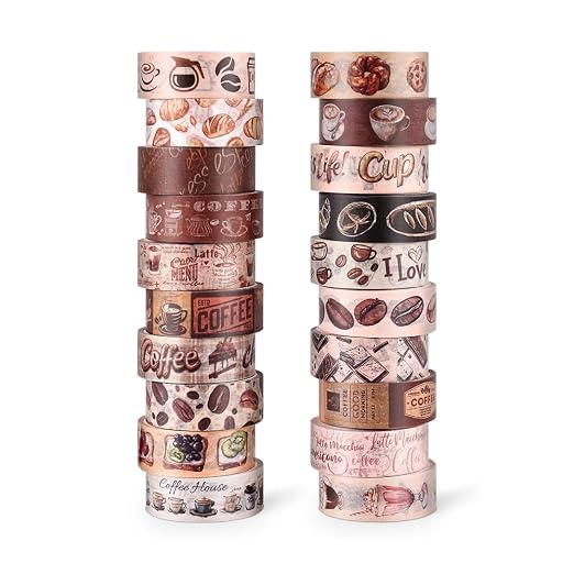 icceemee 20 Rolls Coffee Theme Washi Tape Set, Writable Decorative Tapes for Scrapbooking, Junk Journal Supplies, Bullet Journaling, Bullet Journaling, 0.6"x79" per Roll