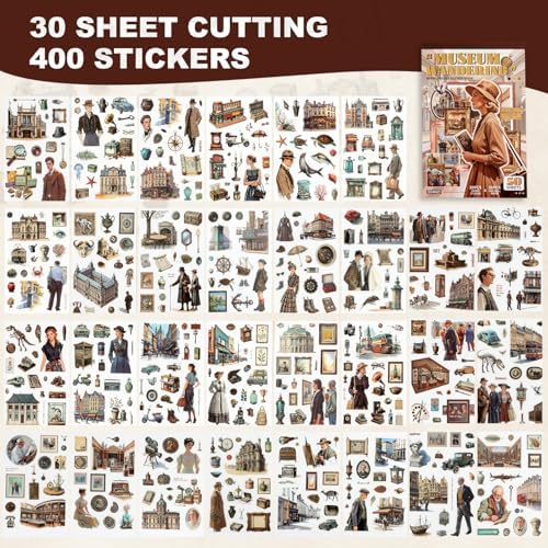 Scrapbooking Stickers 400 Pre-Cut Washi Stickers & 20 Scrapbook Papers Museum Vintage Sticker Books for journaling Scrapbooking Supplies