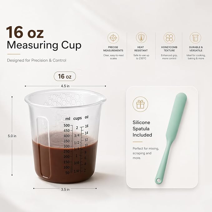 Palksky Silicone Measuring Cups Set 2-Cup with Jar Spatula, Microwave Safe, Honeycomb Heat-Control Grip, Easy-Read Liquid Measuring for Baking, Cooking & Chocolate Melting