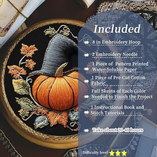 FONNUY Pumpkin Embroidery Kit for Beginners, Pre-Stamped Pattern Kits for Adults with Hoop, Easy to Follow Color Thread Needlework, 8'' Hoop (Witch Hat 3)