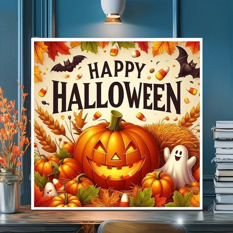 KYOQFVN Halloween Diamond Art Kits for Adults, Pumpkin Diamond Painting Dots Gem Art, DIY Paint by Diamonds for Wall Decor for Home Office 14x14 Inch