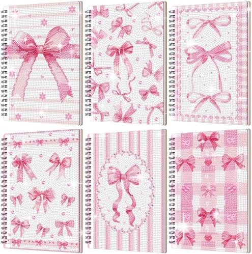 Fullhawl 6 Pack 5D DIY Diamond Art Crafts Kit for Adults Office Supplies Beginner A5 Leather Diamond Painting Gift for Women Art Cover Craft Accessories with Tool (Pink Bow)