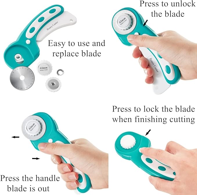 39 Pcs Rotary Cutter Set- Quilting Kit incl. 45mm Fabric Cutter with 5 Extra Blades, A4 Cutting Mat, 2 Craft Knife Set, Ideal for Crafting, Sewing, Patchworking Turquoise