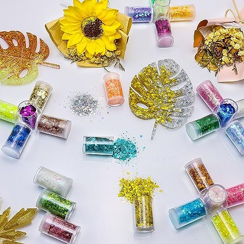 45 Holographic Chunky Sequins & Fine Powder Glitter Mix, Iridescent Glitter Flakes for Face, Body, Eye, Nail Art & Resin Epoxy