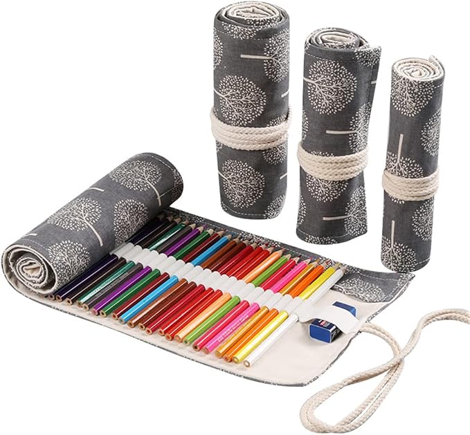 DIYOMR 24/36/72 Slots Pencil Wrap Pencil Rolls, Artist Colored Pencils Roll Up Bag Short Brushes Pouch Case Pencils Organizer for Drawing Coloring and Sketching,No Pencils (Trees, 72slots)