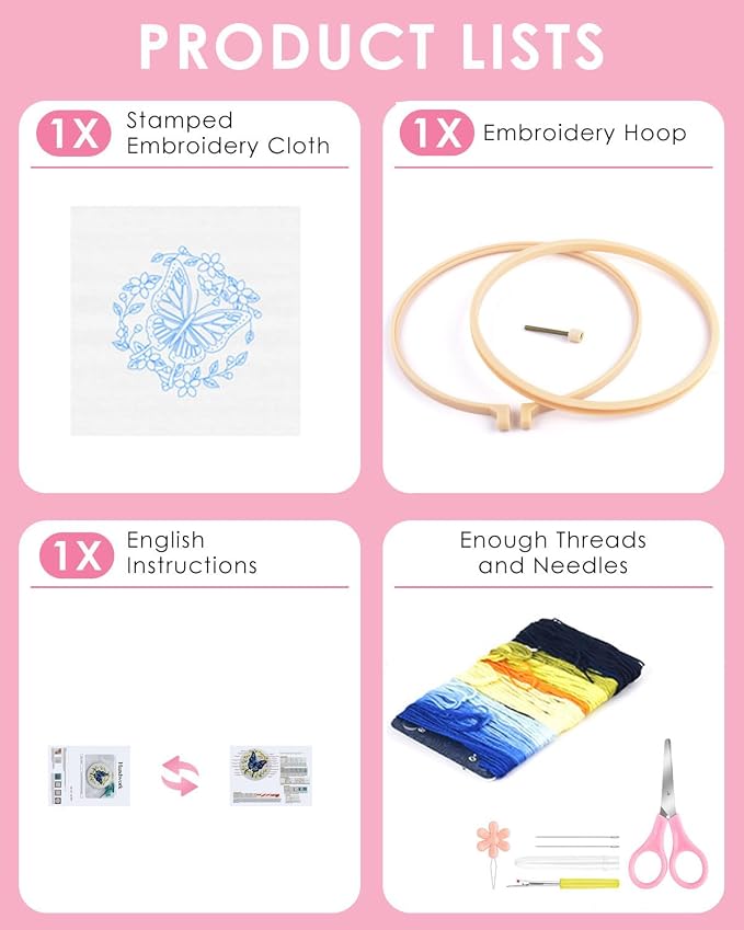 TINDTOP Embroidery Kit for Beginners Adult, Butterfly Embroidery Kit | Include Embroidery Cloth Hoops Threads for Craft Lover Hand Stitch with Embroidery Skill Techniques