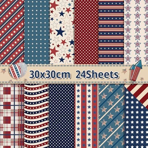 Retro Patriotic Scrapbook Paper Blue Star Patterned Papers Pad 11.8×11.8,24 Sheets Double-Sided Scrapbooking CardStock Paper for 4th of July Card Making Veteran's Day Cardmaking DIY Origami Papers.