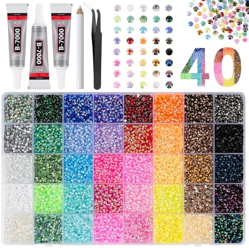 Canvalite 40000Pcs 40 Colors Jelly Rhinestones for Bedazzling, 3mm Multicolor Resin Flatback Gems for Diamond Art, Bedazzler Kit with 3Pcs 10ml B7000 Jewelry Glue for Crafting Book Shoes Nail Art