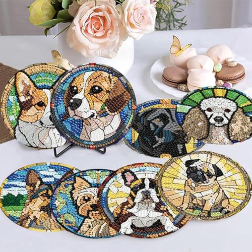8 Pack Diamond Art Coasters,Dog Animal Diamond Painting Coasters Kits