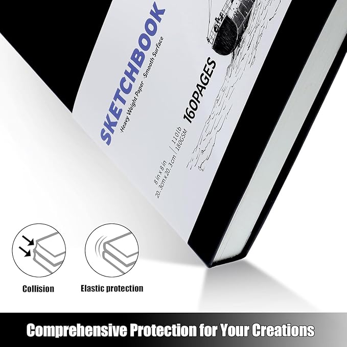 Hardcover Sketchbook 8×8 in, 180 GSM, 80 Sheets, Square Drawing Pad | Acid-Free Paper, Pu Leather Cover, Perforated Pages, Elastic Closure, Back Pocket, Flat-Lay Design