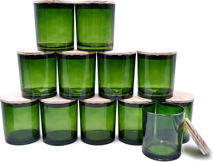 SHOWIN 14 OZ Thick Candle Jars for Making Candles 12 Pcs, 3 Wick Empty Jars with Wood Lids for Candle Making, Sample Container,Clear Green