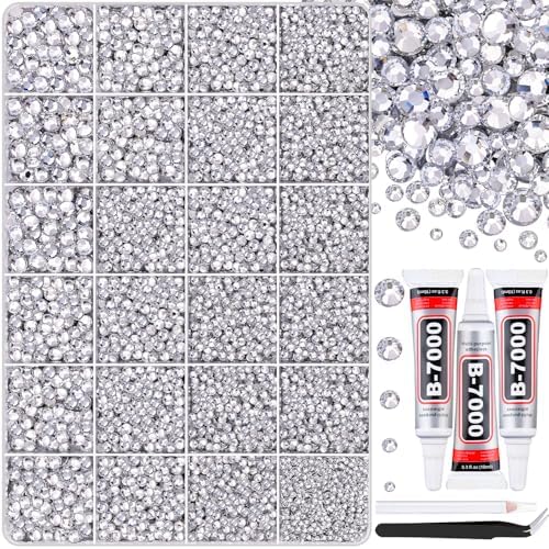 30000Pcs Clear Rhinestones for Bedazzling with B7000 Jewelry Glue, Bedazzler Kit Bulk Flatback Gems, Resin Rhinestones for Crafting Crafts Clothing Shoes Fabric Nail Art Assorted Size 2/3/4/5/6mm