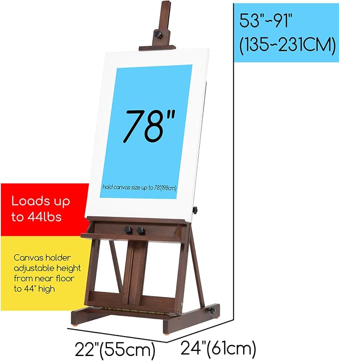 MEEDEN Heavy Duty H-Frame Studio Easel Stand, Large Adjustable Solid Beech Wood Artist Easel for Painting, Holds Canvases up to 78" with Storage Tray- Walnut