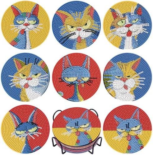 DOTSOPS 8 PCS Cat Diamond Art Coasters Kits for with Holder Beginners 4 in