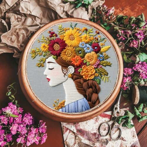 FONNUY Floral Women Embroidery Kit for Beginners, Colorful Long Hair Girl Pre-Stamped Pattern Kits for Adults with Hoop, Thread Needlework, 8'' Hoop (Brown)