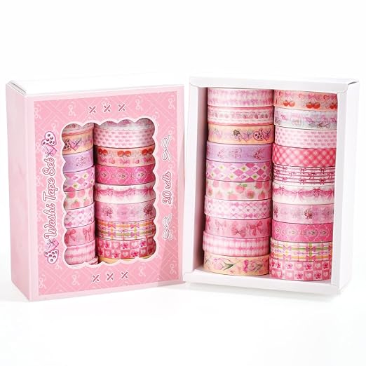 icceemee 20 Rolls Sweet Pink Theme Washi Tape Set with Different Colorful Patterns, Writable Decorative Tapes for Scrapbooking, Junk Journal Supplies, Bullet Journaling, 0.39'' x 79'' per Roll