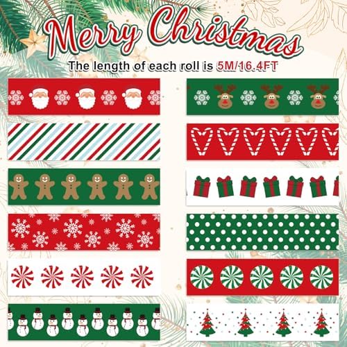 Whaline 12 Rolls Christmas Washi Tape Red Green Xmas Tree Snowman Santa Claus Gingerbread Man Candy Cane Pattern 15mm Decorative Masking Tape for Scrapbook Journal DIY Art Craft Gift Wrapping