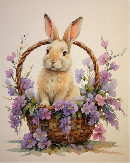 Animal Paint by Numbers Kit for Adults - DIY Bunny in Flower Basket Painting on Canvas 16x20In, Acrylic Paint Set, Suitable for Beginners, Art for Home Decoration or Gifts