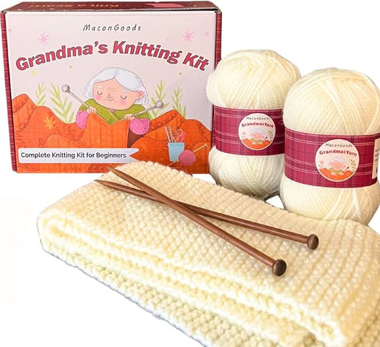 MaconGoods Grandma's Knitting Kit - Complete Knitting Kit for Beginners - Includes Beginner Yarn, Bamboo Needles, Video Tutorial, and Written Guide & More - Easy Learn to Knit Kit