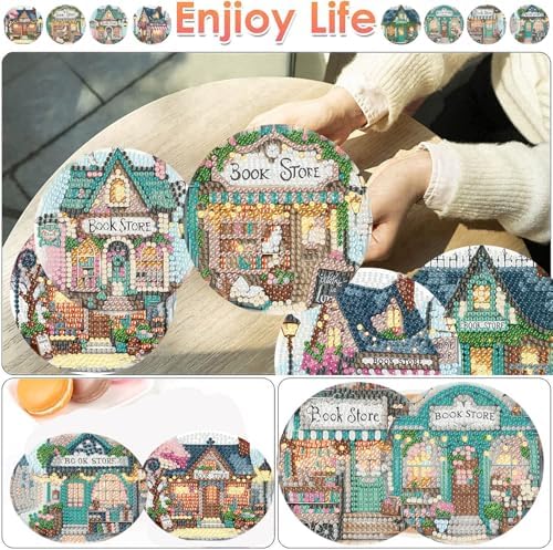 ijbnhd Diamond Art Coasters Kits, 8 Pcs, Book Store, 4x4 inch