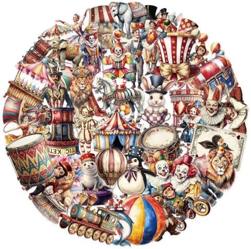 50pcs Transparent Vintage Circus Stickers for Teens,Cute Funny Clown Sticker Waterproof PET Stickers for Scrapbook Photo Album Collage Party Favors Animal Clown Sticker for Teens and Adults