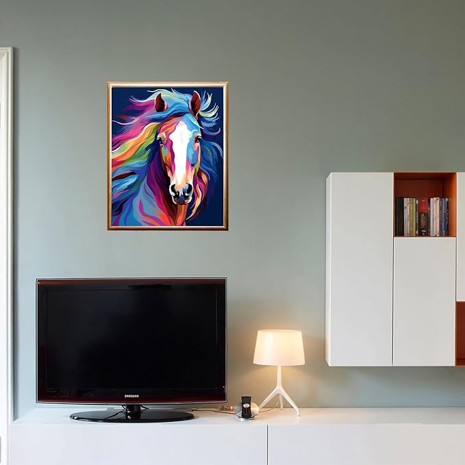 Wooden Framed Paint by Numbers DIY Acrylic Painting Kit for Kids & Adults Beginner – 16" Wx12 L Colorful Horse Head Pattern