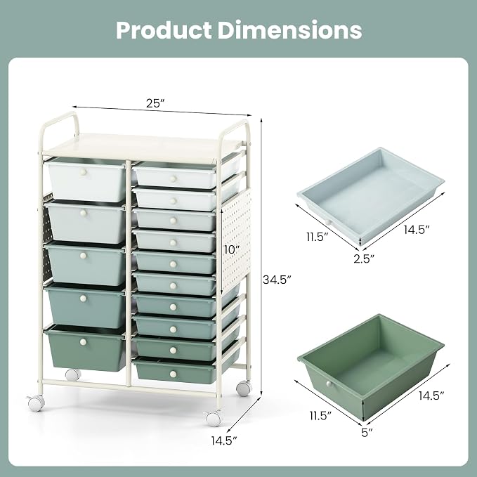 Giantex 15 Drawer Storage Cart, Rolling Craft Cart with Metal Tabletop & Pegboard, Mobile Utility Organizer Trolley with Locking Wheels, Home Office, Classroom, Teacher Supplies, Green Gradient