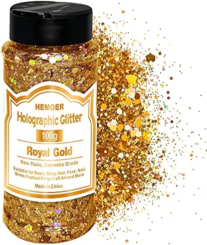 HEMOER Royal Gold Glitter, 100g/3.5oz Holographic Chunky Glitter Mixed Hexagon Chunky & Fine Flakes Iridescent Sequins for Epoxy Crafts, Resin, Nail Body, Tumblers, Party Decoration
