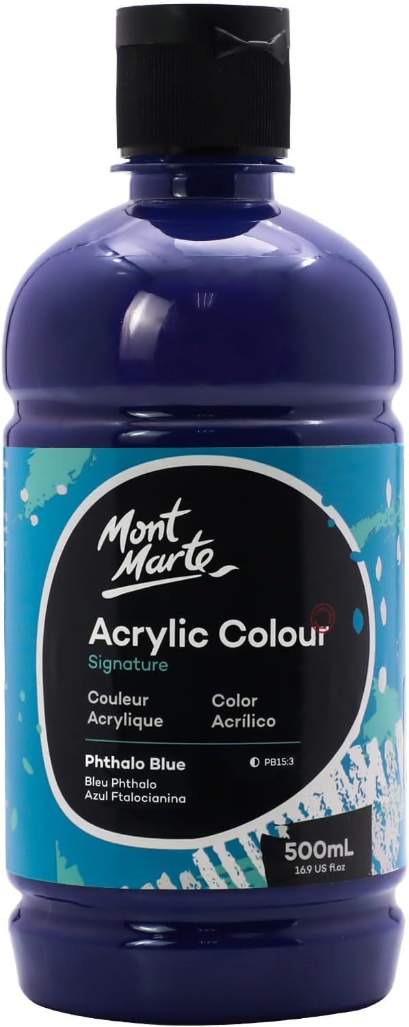Mont Marte Signature Phthalo Blue Paint, 16.9oz (500ml), Semi-Matte Finish, Suitable for Canvas, Wood, Fabric, Leather, Cardboard, Paper, MDF and Crafts