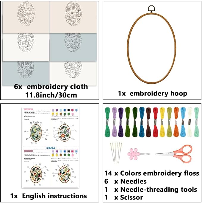 ORIGACH 6 Pack Plants Leaves & Flower Embroidery Kits for Beginners, DIY Starter Hand Embroidery Kit with Floral and Leaf Patterns and Instructions for Adults Women Crafting