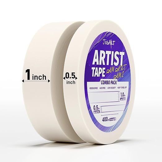 JusArt Artist Tape for Watercolor Paper, 1/2 inch and 1 inch Wide | 2-Roll Combo Pack, for Masking, Drafting and Painting, White Art Tape, Acid Free, Low Tack