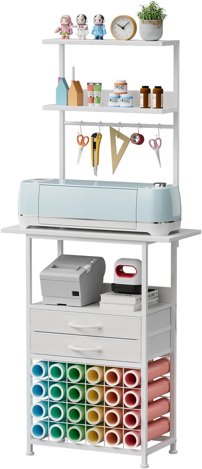 VENNQD Stand Compatible with Cricut Maker and Cricut Explore Air Series Craft Organizers and Storage with 2 Fabric Drawer and Shelves Crafting Table with Vinyl Roll Holder Workstation, White