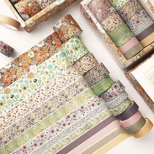 CooBigo 12 Rolls Washi Tape Set, Decorative Masking Tapes for Arts Scrapbook Planner Journaling Supplies Gift Wrapping DIY Crafts (Flowers)