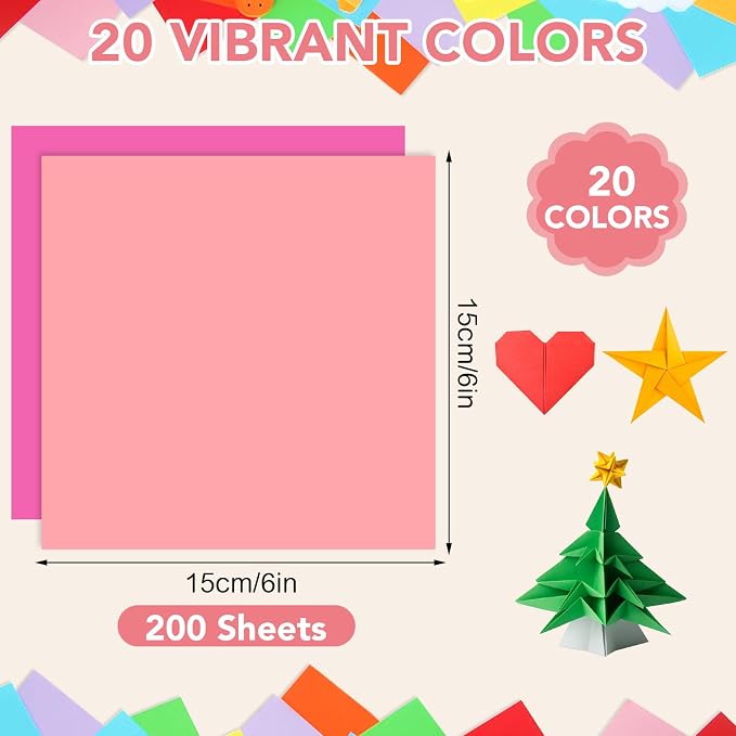 20 Colors Origami Paper 6 × 6 In, 200 Sheets Oragami kit for Kids Ages 8-12 | Square Origami Paper, Easy to Fold, Colorful Crafts for Handmade Projects, Folding, Diy Party Decor & Back to School Gifts