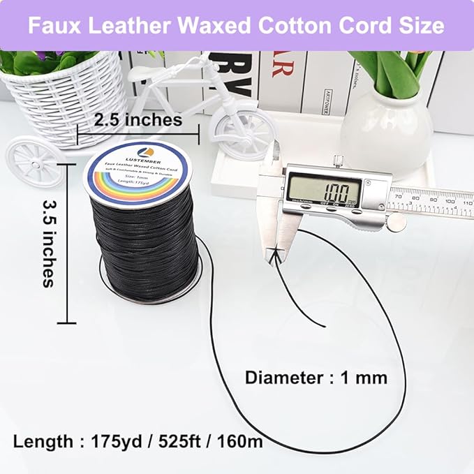 LUSTEMBER 1mm Faux Leather Waxed Cotton Cord, 175 Yards – Durable Necklace String, Soft and Textured Cord for Necklaces, Bracelets, and Jewelry Making