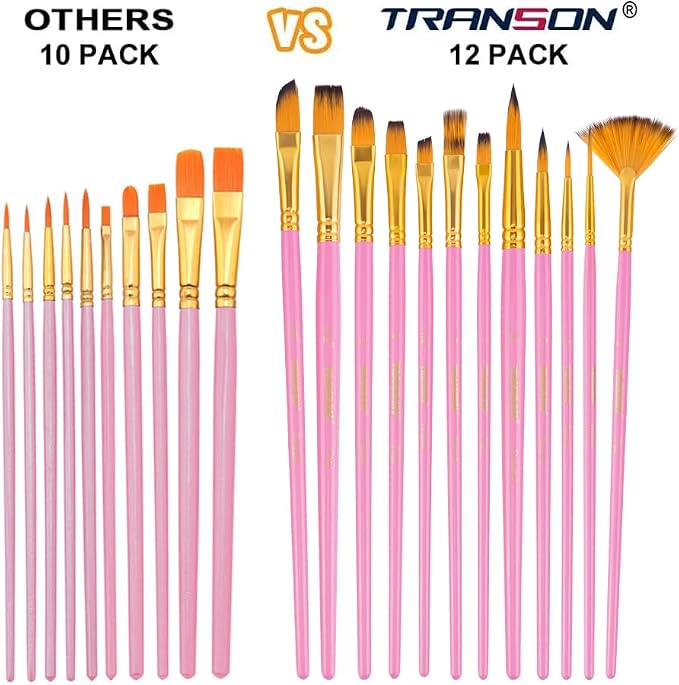 Transon Artist Paint Brush Set of 12 for Acrylic Watercolor Gouache Oil Craft Painting Pink