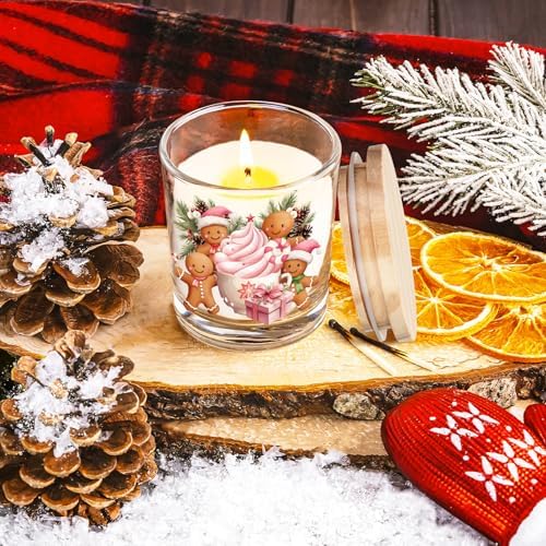 Ziliny 10 Pcs Pink Christmas Glass Candle Jars Empty Containers Bulk 7 oz Pink Elk Snowman Santa Claus Glass Jars with Cork Lids Tins for Candle Making Storing Biscuits Party Favors